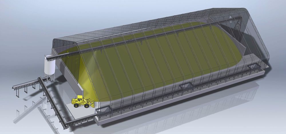 3D engineering model of a bulk storage building with conveyor and loader