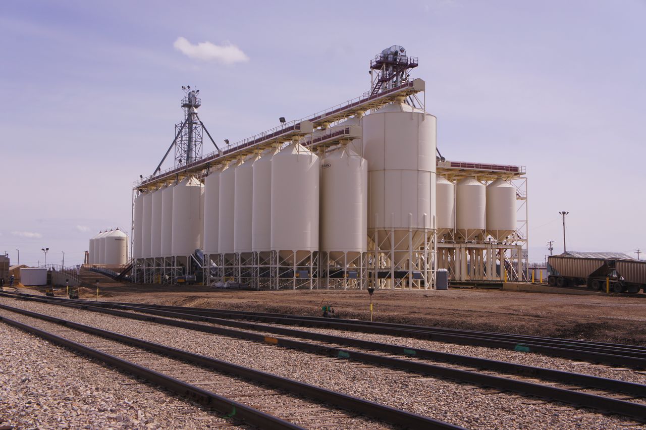 Transload silo bank beside the expanded frac sand terminal staging yard tracks